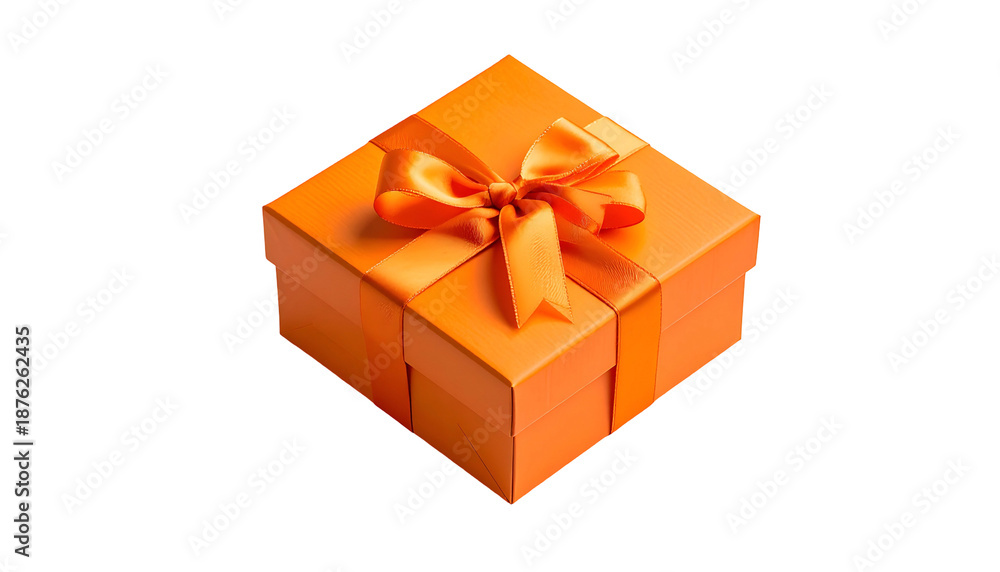 Obraz premium An orange gift box, square, tied with a matching ribbon and bow, on a black background