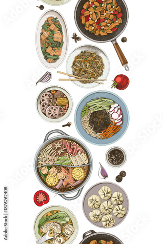 Chinese food vector seamless border