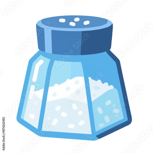 Stylized blue glass salt shaker with a screw top lid and white granular crystals, ideal for kitchenware catalogs, cooking blogs, and food preparation graphics.