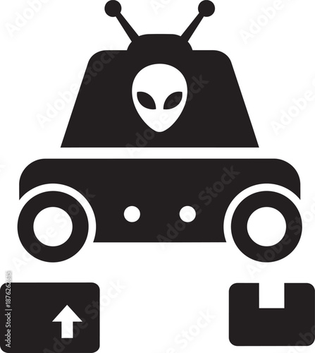 Alien in spaceship with wheels, carrying packages, concept of extraterrestrial delivery or transport