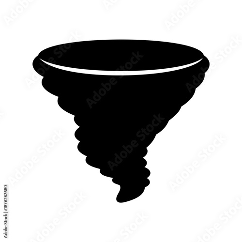 Striking black silhouette of a tornado against a clean white background