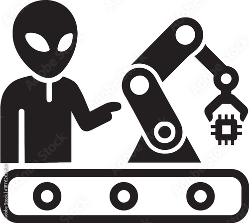 Alien worker supervising robotic arm assembling microchip on assembly line production