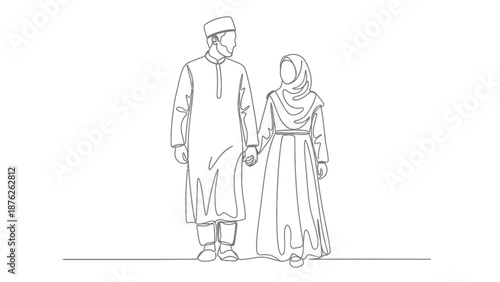 Muslim couple holding hands in traditional attire