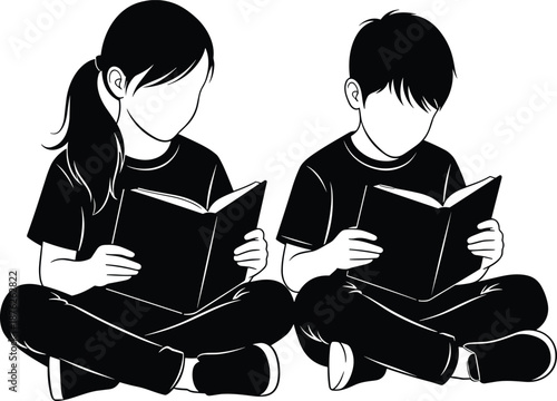 Black and white silhouette illustration of a young boy and girl sitting cross legged on the floor reading books together,