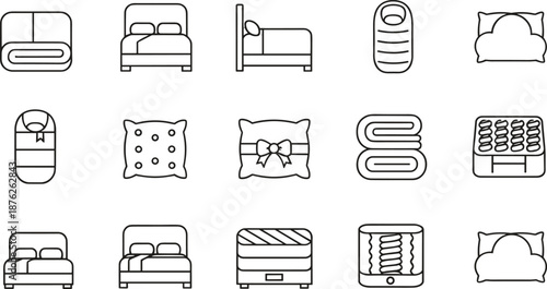 Bed and bedding vector icon set featuring pillows, blankets, sleeping bags, mattresses, folded towels, and bedroom comfort essentials