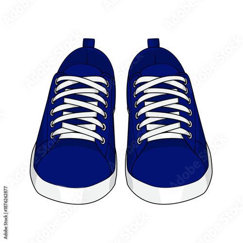 Front view of trendy blue sneakers. Vector illustration of a pair of sport shoes in flat design style showing white laces and toe cap. Isolated on white background suitable for fashion icons.