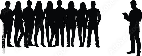 Silhouette of a professional business team standing together while a leader or manager uses a digital tablet for corporate data.