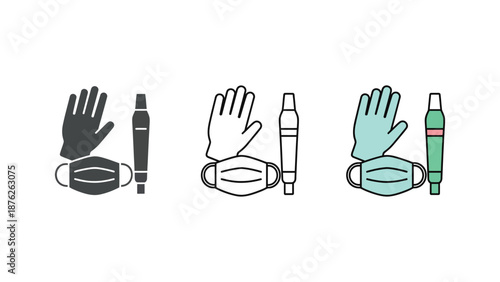 A graphic illustration of medical masks and hand sanitizer bottles with gloves