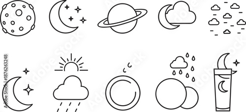 Weather and celestial vector icon set featuring moon, stars, planets, clouds, sun, rain, and atmospheric night sky elements