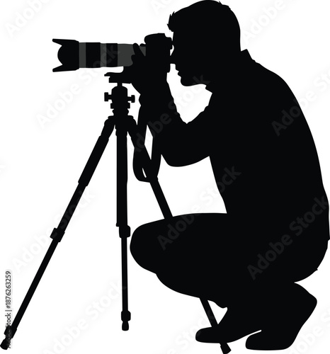 Crouched male photographer silhouette using professional dslr camera on tripod taking photos isolated on white background, creative hobby professional photography session