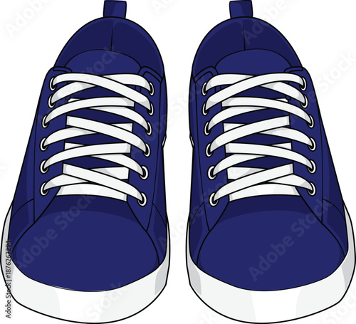 Front view of trendy blue sneakers. Vector illustration of a pair of sport shoes in flat design style showing white laces and toe cap. Isolated on white background suitable for fashion icons.