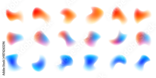 Abstract liquid gradient set circle displays neon colors with glossy blot texture, floating drops, smooth form, rounded shape. Radiant prism aura surrounds surface. Vector png banner element.