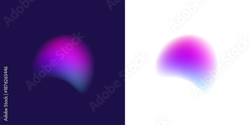 Abstract liquid gradient circle displays neon colors with crystal blot coating, floating drops, inflated form, spherical purple shape. Luminous spectrum glow rises. Vector png banner object.