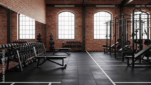 Spacious gym with exposed brick walls, natural light, free weights, benches, and racks in a modern industrial design.