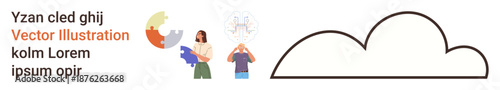 Brainstorming, creative process, teamwork, cognitive ideas, visual design, cloud storage. Minimalist cloud outline with human figures and illustrative icons. Brainstorming and creative process