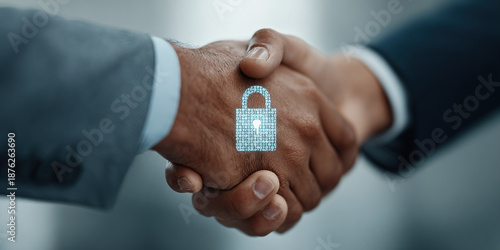 Businessmen shaking hands with a digital padlock overlay symbolizing security and trust