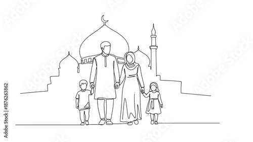 muslim family walking in front of mosque