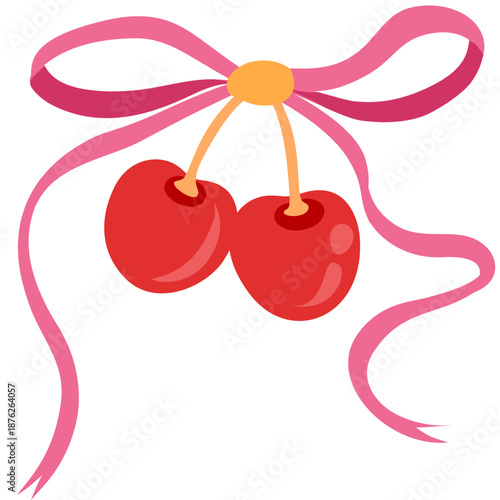 Cute illustration of red cherries tied with a pink ribbon. Perfect for kawaii designs, stickers, cards, children products, and playful decorations