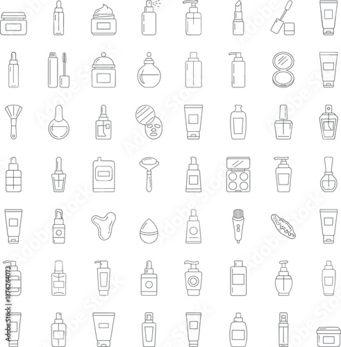 Cosmetic product vector icon set featuring skincare bottles, makeup tools, beauty containers, lotion tubes, perfume, and grooming essentials