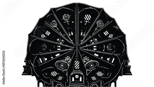 Intricate black and white geometric pattern with symmetrical design, evoking a sense of mystery and wonder.