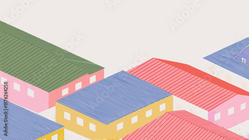 Colorful abstract flat illustration of urban rooftops viewed from above with vibrant pastel