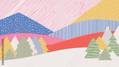 Colorful snowy landscape with abstract mountains and trees, winter wonderland scene, vector