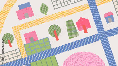 Flat vector illustration of a city park within an urban area with colorful buildings and green