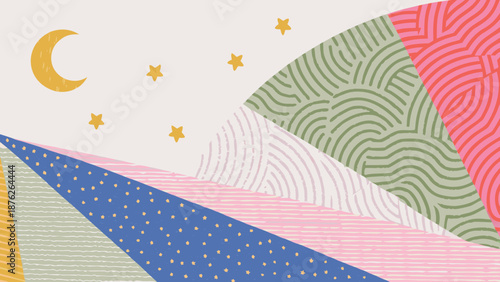 Stylized flat vector illustration of a night sky with crescent moon and stars over abstract