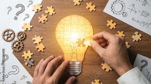 Conceptual light bulb assembled with puzzle pieces innovative idea problem solving creativity business strategy concept