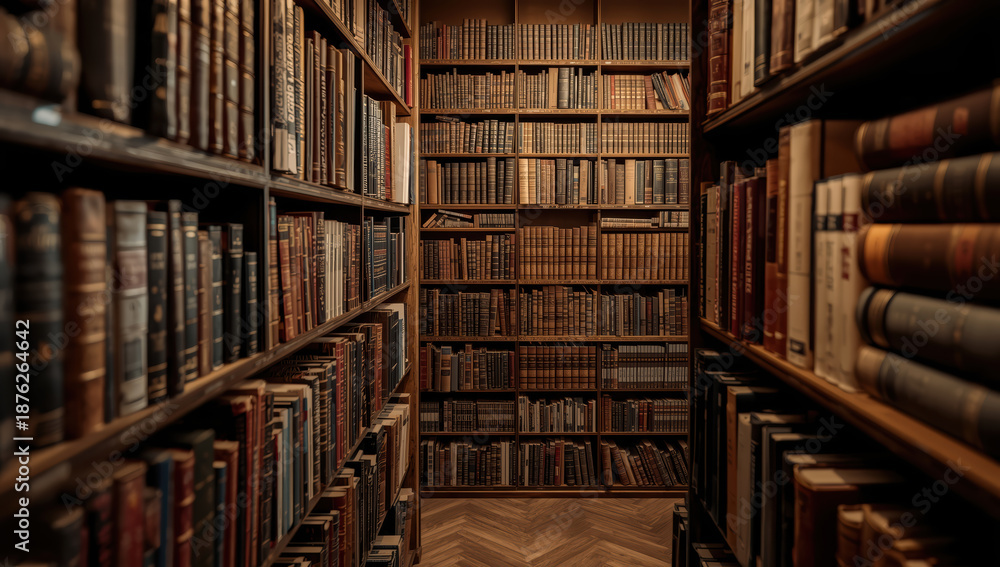 Obraz premium Antique library aisle with leatherbound books and warm lighting evoking calm study