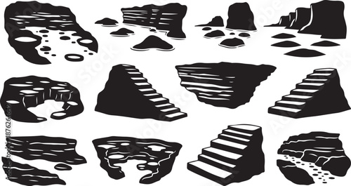 Black and white rocky terrain with stairs illustration set