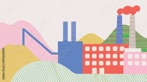 Colorful stylized vector of industrial landscape with factories and smokestacks