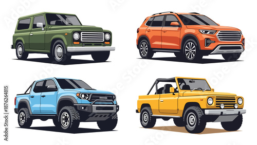 Vector illustration set of offroad vehicles and modern SUVs in different colors, rugged and urban car designs isolated on white background