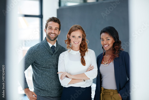 Tableau sur toile Business, team and smile with portrait in office for policy management, confidence or about us