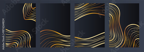 Golden Line Art Poster Set in Luxury Wood Style