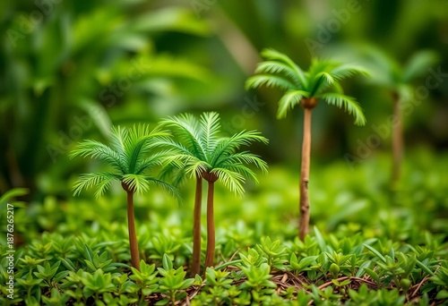Miniature coconut palms in vibrant green, lush foliage, shallow depth of field,   growth, small coconut palm