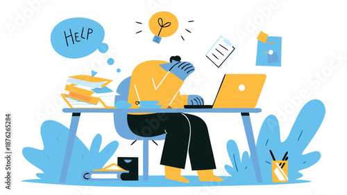 Overwhelmed person seeking help with work on laptop