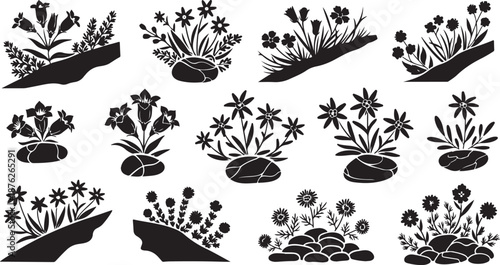 Black and white floral silhouettes on plain background illustration