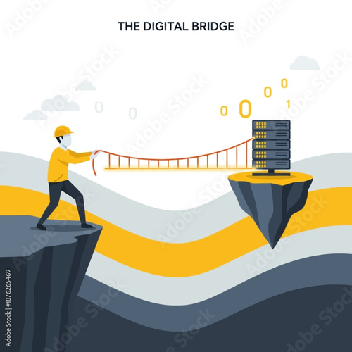 An engineer secures the final connection for a digital bridge concept linking data to infrastructure on transparent background