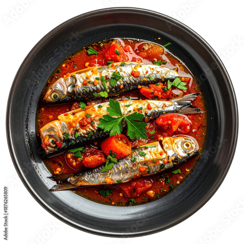 Appetizing sardine escabeche with herbs on a dark plate, a flavorful seafood starter isolated on white background for blogs