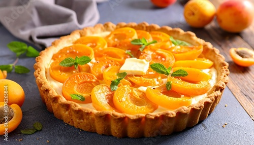 A delicious-looking fruit tart with apricots and herbs on a gray surface