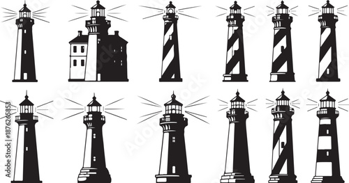Collection of various lighthouse designs and architectural styles illustration