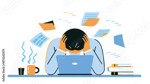 Overwhelmed businessman struggling with workload at office desk