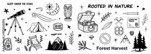 Black line icons for camping, nature, and outdoor adventure