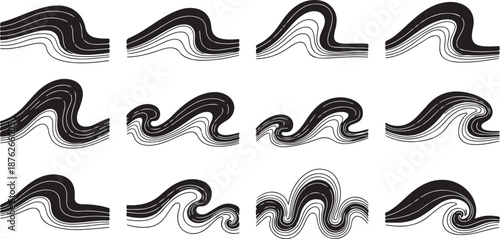 Black and white wavy lines abstract design elements set