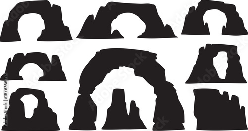 Collection of various rock arch silhouettes in black color