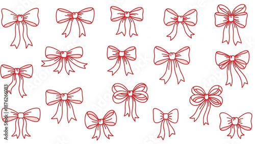 Hand Drawn Red Bow Ribbon Line Art Icons Set Isolated on White Background