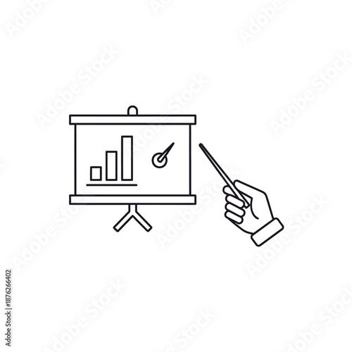 Presentation Board with Bar Chart and Hand Holding Pointer Stick, Business Meeting Icon