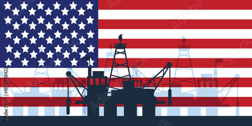 Background oil and gas platform on the sea with rig. Background flag of american. United states of america