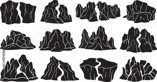 Collection of black mountain range silhouettes with white outlines